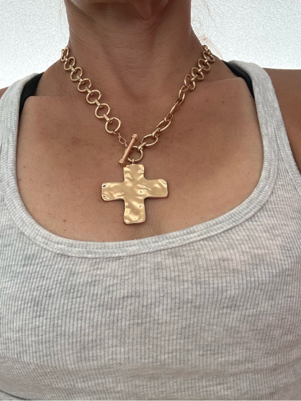 Gold Hammered Cross Pendant Necklace and bracelet- Women Jewelry